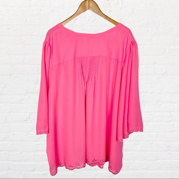 Pink Flowy Pleated Button Down Front Eyelet Scallops Wide Sleeve Peasant Blouse - Picture 4 of 9